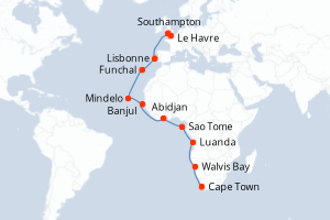Carte itinéraire croisière - 24 jours au départ de Cape Town - Europe du Nord