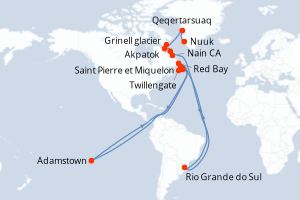 Carte itinéraire croisière - 14 jours au départ de Nuuk - Canada Bermudes