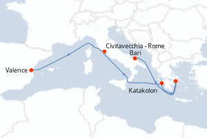 Carte itinéraire croisière - 7 jours au départ de Bari - Méditerranée
