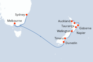 Carte itinéraire croisière - 14 jours au départ de Auckland - Australie Nouvelle Zélande