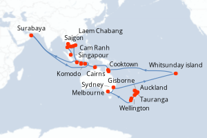 Carte itinéraire croisière  - 43 jours au départ de Auckland - Asie