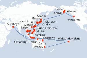 Carte itinéraire croisière - 68 jours au départ de Sydney - Alaska