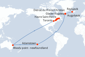 Carte itinéraire croisière - 15 jours au départ de Reykjavik - Saint Laurent