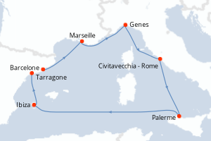 Carte itinéraire croisière - 7 jours au départ de Barcelone - Méditerranée