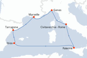 Carte itinéraire croisière - 7 jours au départ de Marseille - Méditerranée