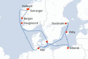 Carte itinéraire croisière - 14 jours au départ de Kiel - Europe du Nord