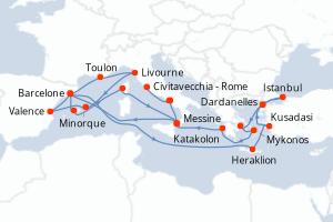 Carte itinéraire croisière - 28 jours au départ de Barcelone - Méditerranée