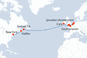 Carte itinéraire croisière - 14 jours au départ de Southampton - Transatlantique