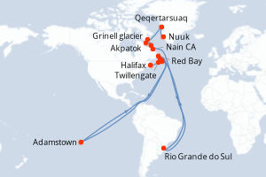 Carte itinéraire croisière - 17 jours au départ de Nuuk - Canada Bermudes