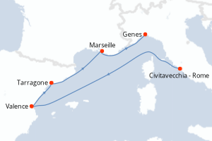 Carte itinéraire croisière - 5 jours au départ de Civitavecchia - Rome - Méditerranée