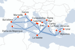 Carte itinéraire croisière - 10 jours au départ de Civitavecchia - Rome - Méditerranée