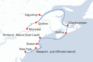 Carte itinéraire croisière - 12 jours au départ de Montréal - Amérique du Nord