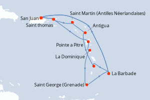 Carte itinéraire croisière - 14 jours au départ de San Juan - Caraïbes Bahamas