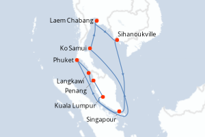 Carte itinéraire croisière - 13 jours au départ de Singapour - Asie