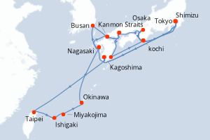 Carte itinéraire croisière - 25 jours au départ de Tokyo - Asie