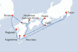Carte itinéraire croisière - 11 jours au départ de Tokyo - Asie