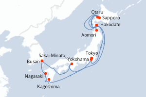 Carte itinéraire croisière - 12 jours au départ de Tokyo - Asie