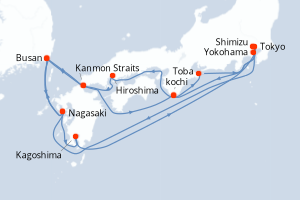 Carte itinéraire croisière - 16 jours au départ de Yokohama - Asie