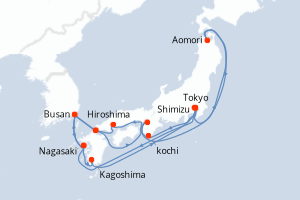 Carte itinéraire croisière - 17 jours au départ de Tokyo - Asie
