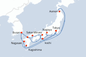 Carte itinéraire croisière - 17 jours au départ de Tokyo - Asie