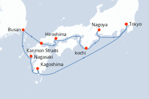 Carte itinéraire croisière - 9 jours au départ de Tokyo - Asie