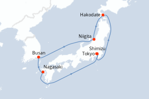 Carte itinéraire croisière - 9 jours au départ de Tokyo - Asie