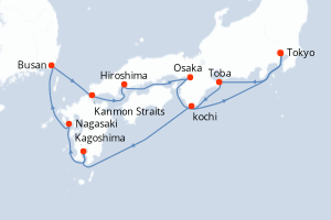 Carte itinéraire croisière - 11 jours au départ de Tokyo - Asie