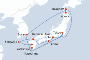 Carte itinéraire croisière - 15 jours au départ de Tokyo - Asie