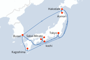 Carte itinéraire croisière - 18 jours au départ de Tokyo - Asie