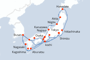 Carte itinéraire croisière - 24 jours au départ de Tokyo - Asie