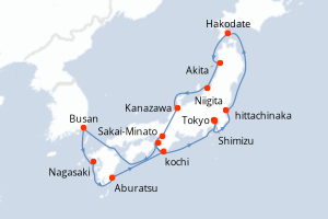 Carte itinéraire croisière - 14 jours au départ de Tokyo - Asie