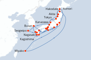 Carte itinéraire croisière - 28 jours au départ de Tokyo - Asie
