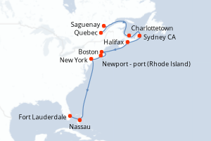 Carte itinéraire croisière - 14 jours au départ de Quebec - Caraïbes Bahamas