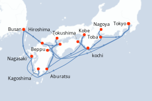 Carte itinéraire croisière - 23 jours au départ de Tokyo - Asie