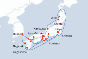 Carte itinéraire croisière - 24 jours au départ de Tokyo - Asie