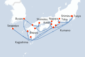 Carte itinéraire croisière - 20 jours au départ de Tokyo - Asie