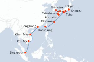 Carte itinéraire croisière - 24 jours au départ de Tokyo - Asie