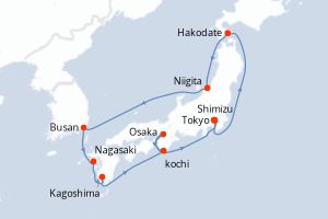Carte itinéraire croisière - 11 jours au départ de Tokyo - Asie