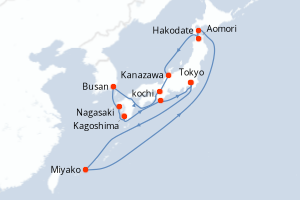 Carte itinéraire croisière - 13 jours au départ de Tokyo - Asie