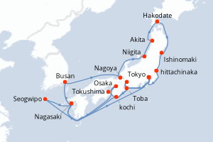 Carte itinéraire croisière - 21 jours au départ de Tokyo - Asie