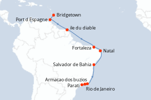 Carte itinéraire croisière - 16 jours au départ de Bridgetown - Amérique du Sud