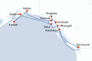 Carte itinéraire croisière  - 14 jours au départ de Vancouver - Alaska