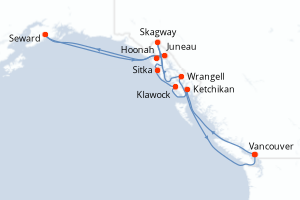 Carte itinéraire croisière  - 14 jours au départ de Vancouver - Alaska
