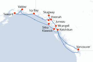 Carte itinéraire croisière  - 14 jours au départ de Vancouver - Alaska