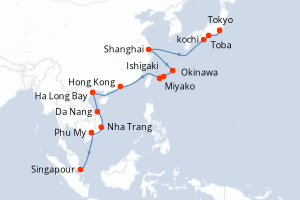 Carte itinéraire croisière  - 21 jours au départ de Tokyo - Asie