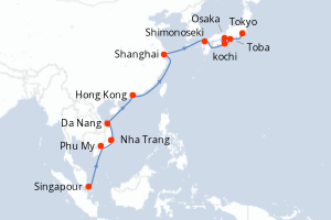 Carte itinéraire croisière  - 16 jours au départ de Singapour - Asie