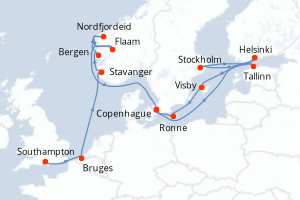 Carte itinéraire croisière  - 16 jours au départ de Southampton - Europe du Nord