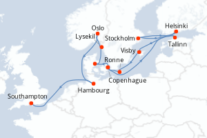 Carte itinéraire croisière  - 15 jours au départ de Copenhague - Europe du Nord