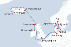 Carte itinéraire croisière  - 15 jours au départ de Copenhague - Europe du Nord