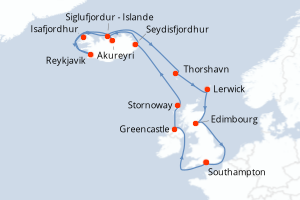 Carte itinéraire croisière  - 16 jours au départ de Southampton - Europe du Nord